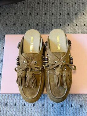 Miu Miu Chestnut Brown Suede Tassel & Bead Backless Mules